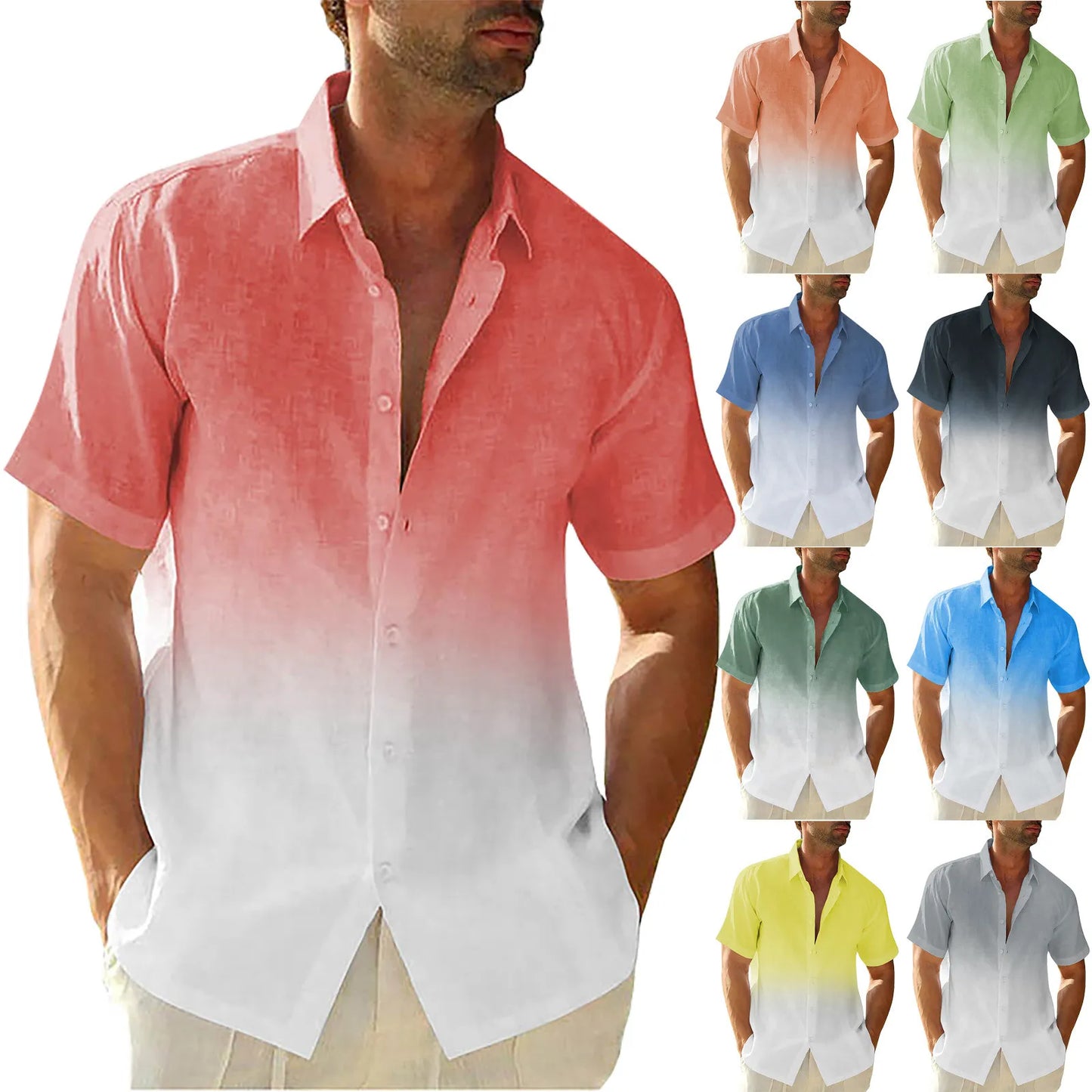 Men's Gradient Cotton Linen Button-Up Shirt — Casual Streetwear Cardigan
