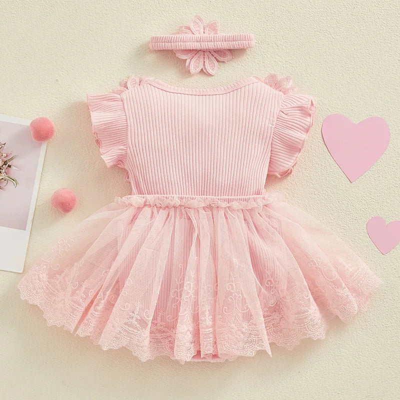 Baby Girl Lace Dress— Tulle Dress Bodysuit with Headband, Spring/Summer Outfit