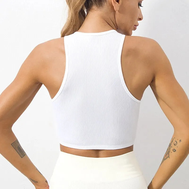 Women’s Seamless Rib-Knit Yoga Crop Top – Sleeveless, Breathable, No Pads