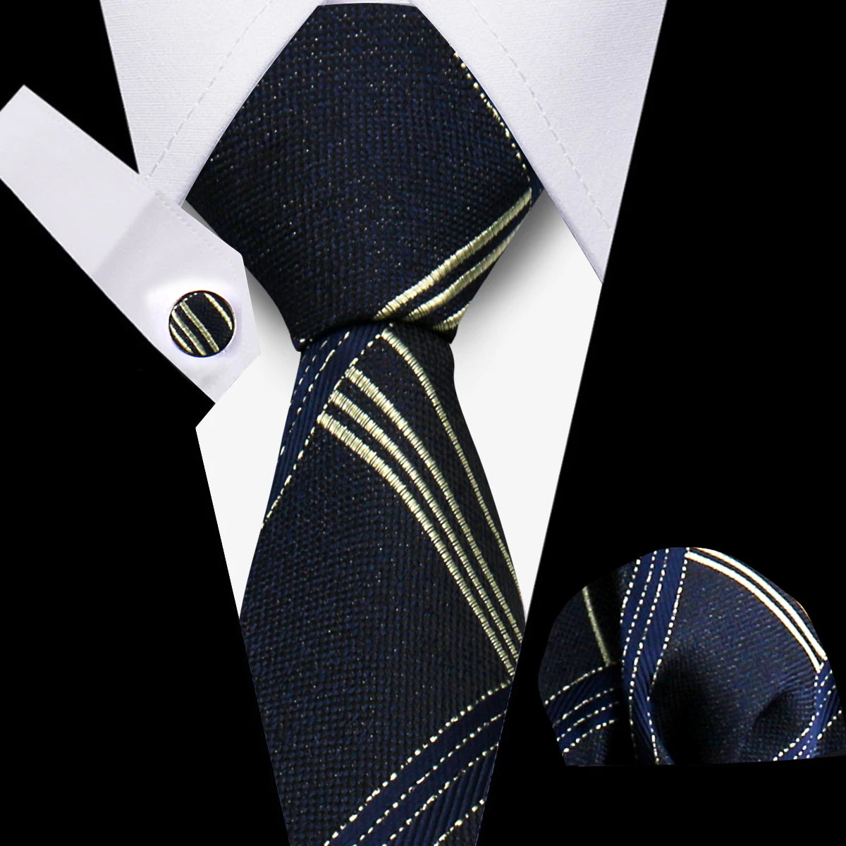 Classic Men’s Tie Set Plaid Necktie with Pocket Square & Cufflinks Business Wedding Gift Accessories