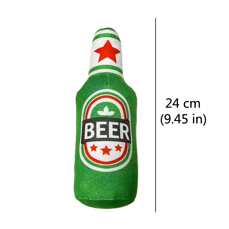 Plush Beer Bottle Dog Toy – Squeaky, Chew, Interactive Play for Small & Large Dogs