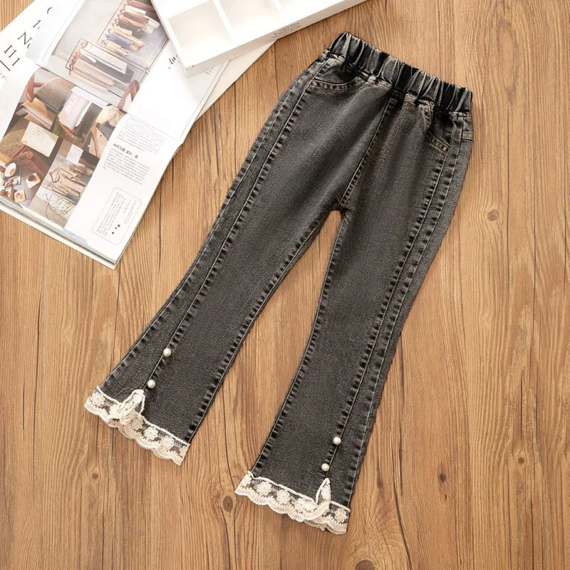 Girls' Lace Beaded Denim Bell-Bottoms
