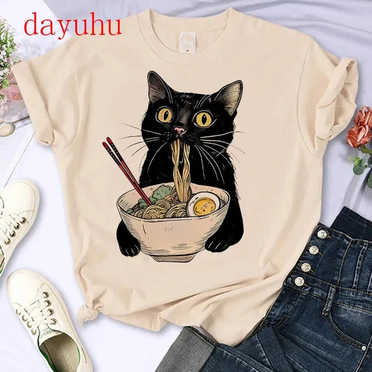 Women's Retro Black Cat Noodle Ramen T-Shirt – Foodie Casual Short Sleeve Tee