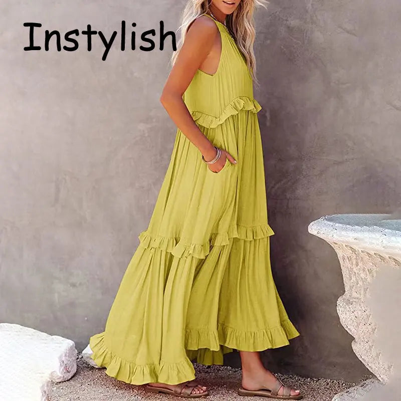 Women’s Casual Solid Ruffle Maxi Dress – Sleeveless Summer Beach Sundress, Elegant Party Vestido
