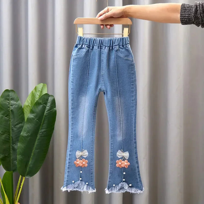 Girls' Printed Bell-Bottom Jeans Fashionable elastic denim trousers for spring/autumn—casual and comfy.