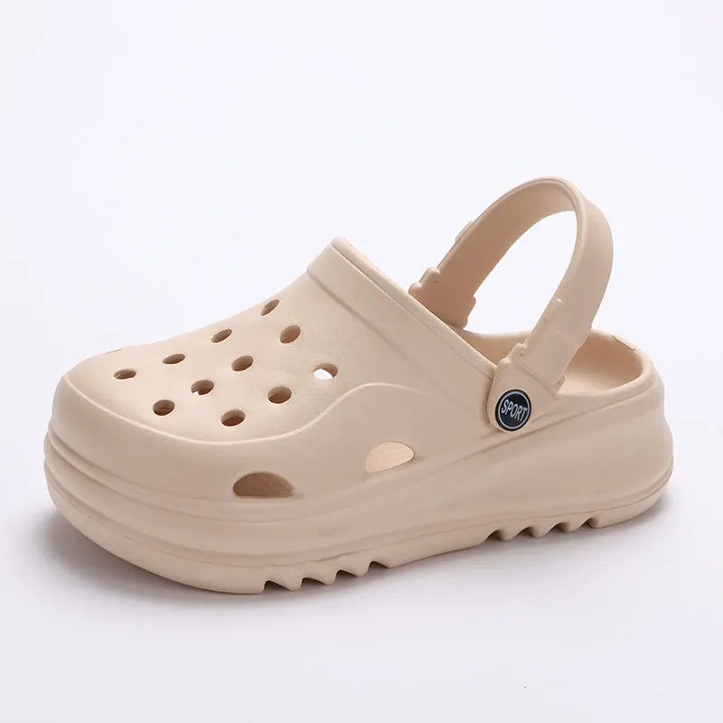 Thick-soled, non-slip beach sandals with wedge design.