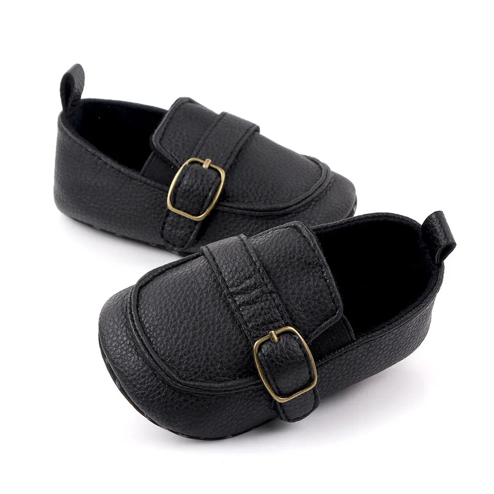 Fashion Infant Crib Shoes — PU Leather Loafers for Baby Boys, Anti-Slip Soft Sole, Black