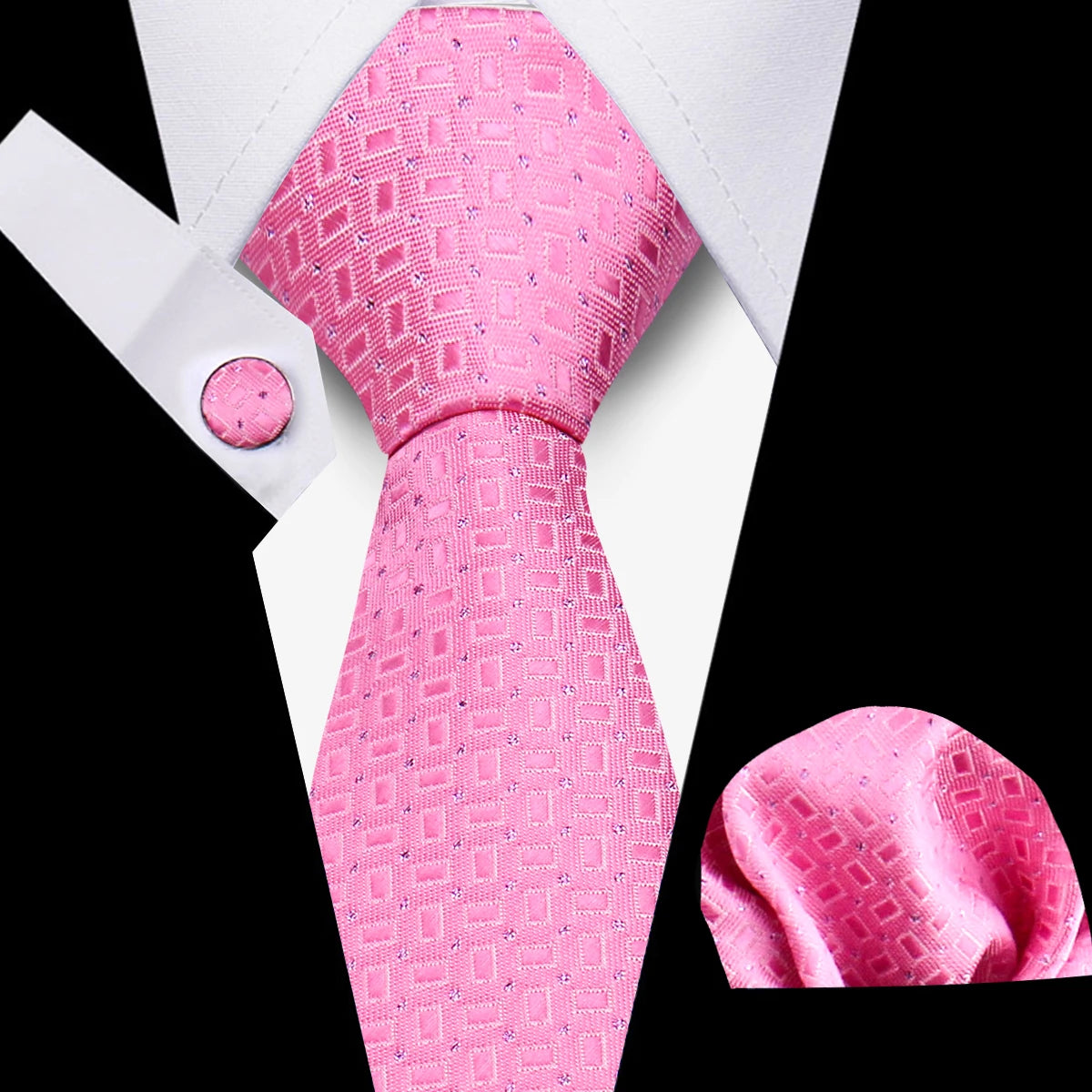 Classic Men’s Tie Set Plaid Necktie with Pocket Square & Cufflinks Business Wedding Gift Accessories
