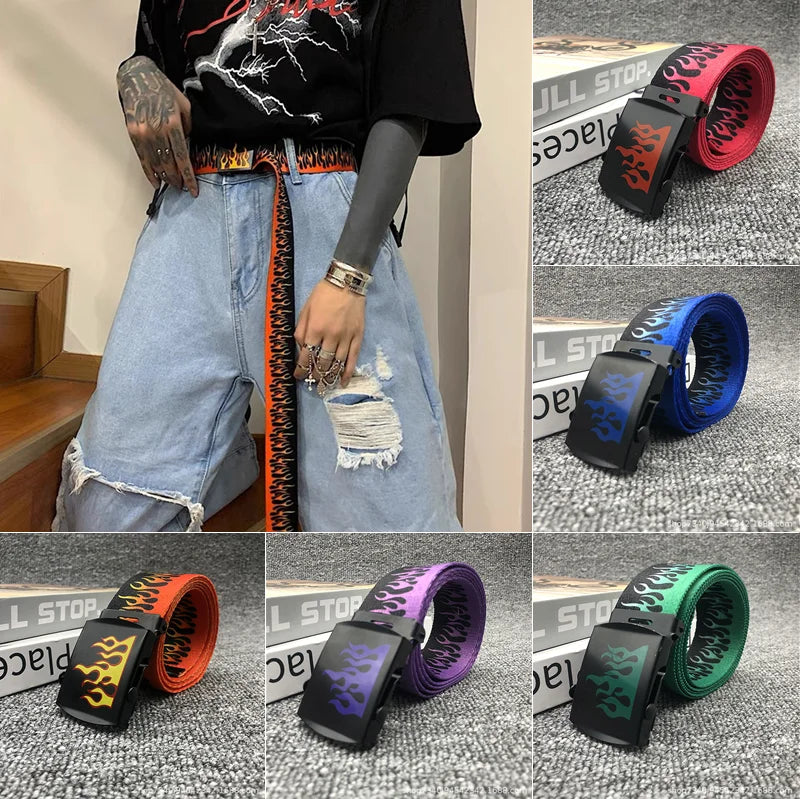 Creative European American Flame Pattern Nylon Waist Belt – Adjustable & Wide Fit