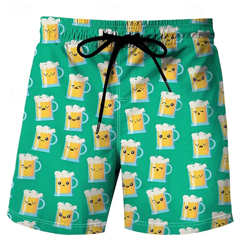 Men's 3D Beer Print Beach Shorts – Casual Swim Trunks for Vacation & Parties