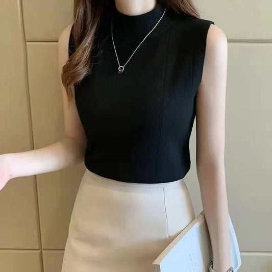 Turtle Neck Solid Korean Fashion Sleeveless -Elastic Casual Women's Top