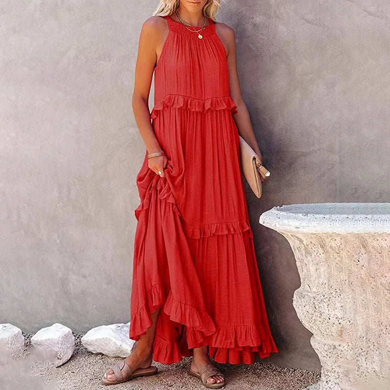 Women’s Casual Solid Ruffle Maxi Dress – Sleeveless Summer Beach Sundress, Elegant Party Vestido