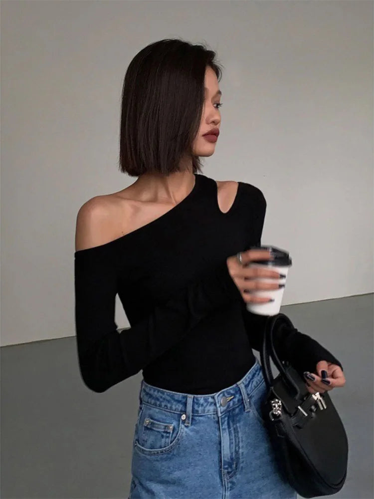 Skew Collar Off-Shoulder Slim Crop Top – Long Sleeve Hollow Out Tee for Women