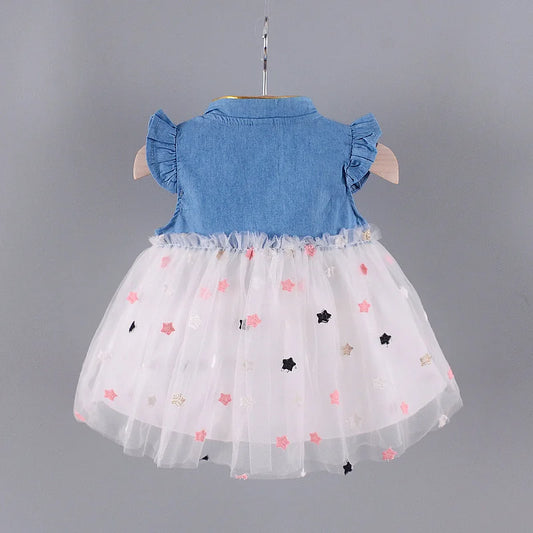 Baby Girl Summer Dress (0–4Y) – Tulle, Denim Cotton, Ruffle Sleeves – A458