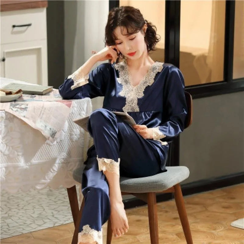 Ice Silk Lace Pajamas – Women's Long Sleeve 2-Piece Sleepwear