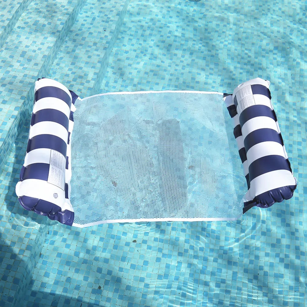 Foldable Inflatable Lounge Chair – Striped Pool & Beach Float with Net Backrest