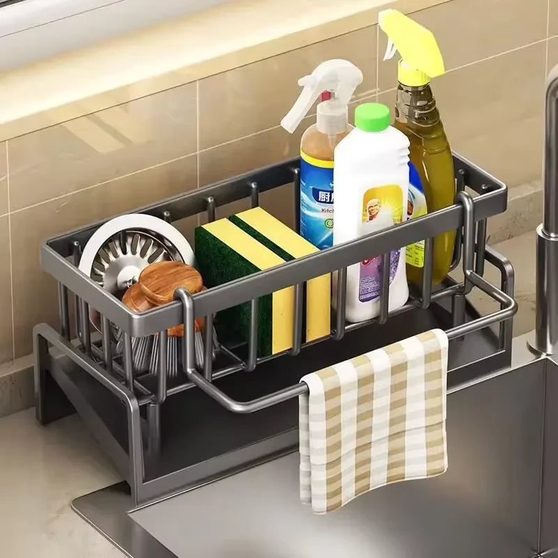 Kitchen Sink Storage Rack – No-Punch, Drainage Shelf for Rags, Sponges & Spices