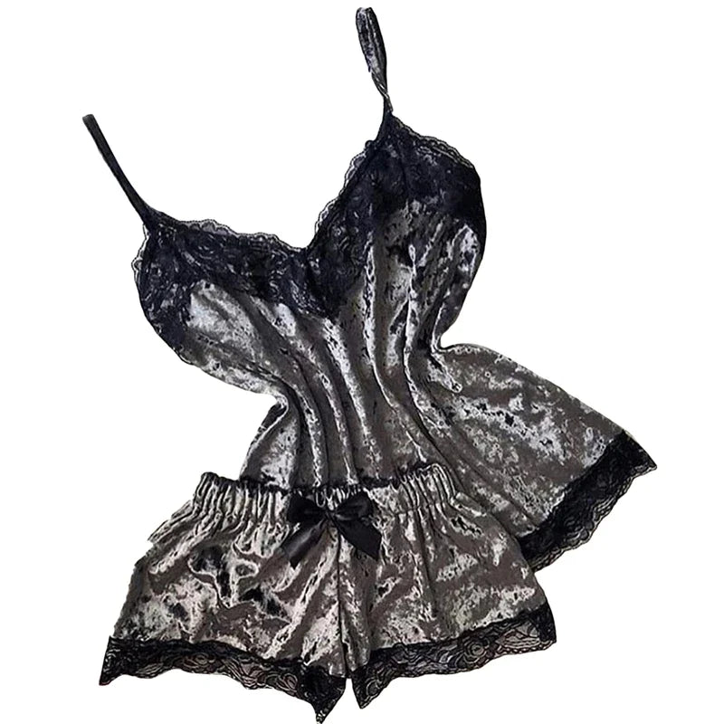 Women’s Sexy Lingerie Sleepwear – Velvet Pajama Set with V-Neck Camisole & Bow Shorts