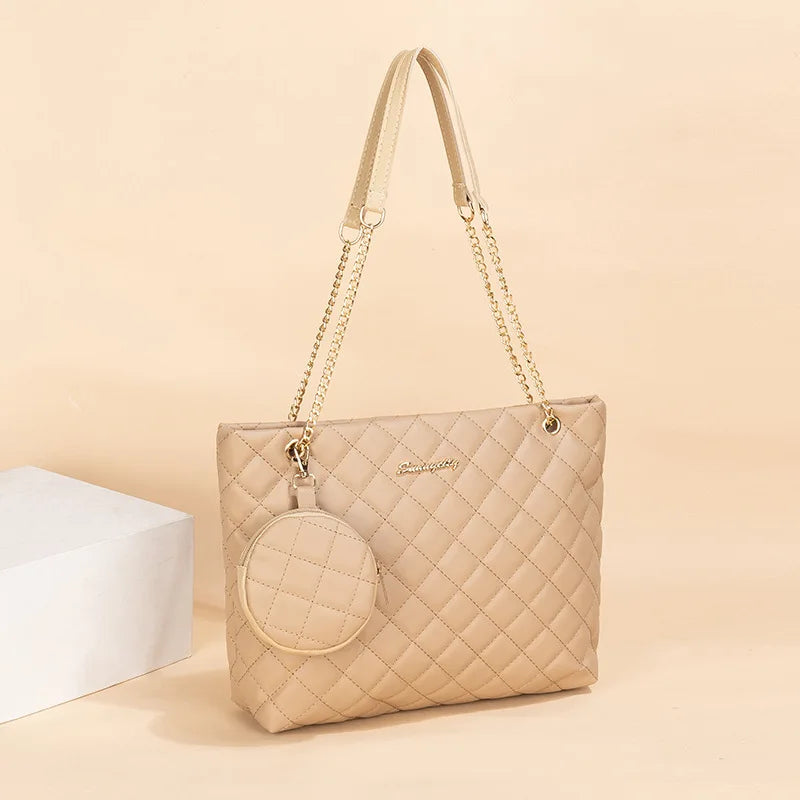 Rhombic Mini Tote – Embroidered, Chain Strap, Letter Detail, Stylish & Minimalist