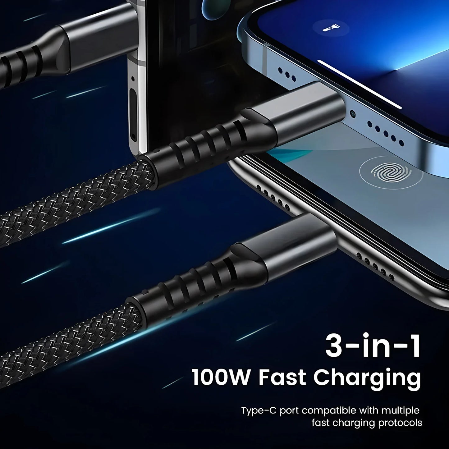 100W 3-in-1 Fast Charging Cable – Nylon Braided Multi USB Cord with Type-C & Micro Adapter