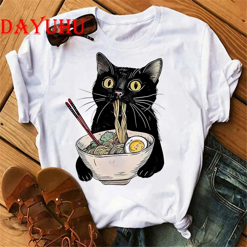 Women's Retro Black Cat Noodle Ramen T-Shirt – Foodie Casual Short Sleeve Tee