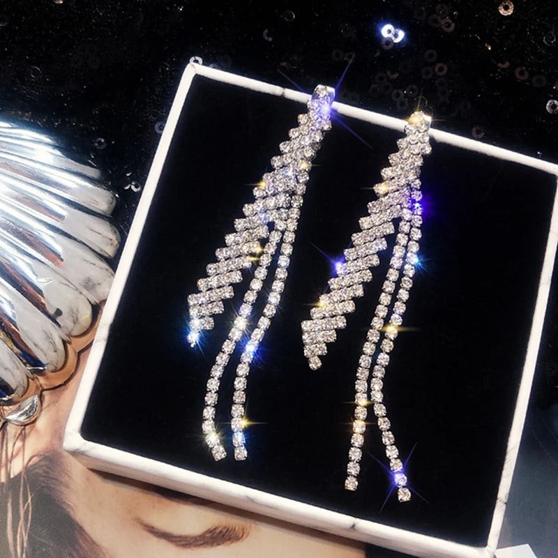 Shiny Crystal Zircon Drop Earrings for Women Geometric Tassel Vintage Pendant Fashion Jewelry