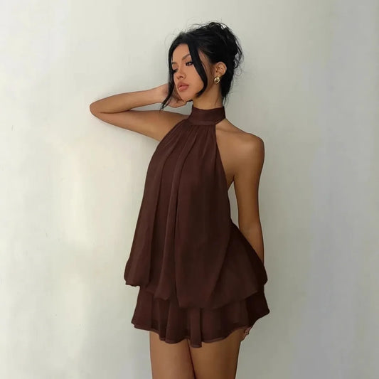 Women’s Y2K Halter Neck Backless Tie-Front Chiffon Mini Dress