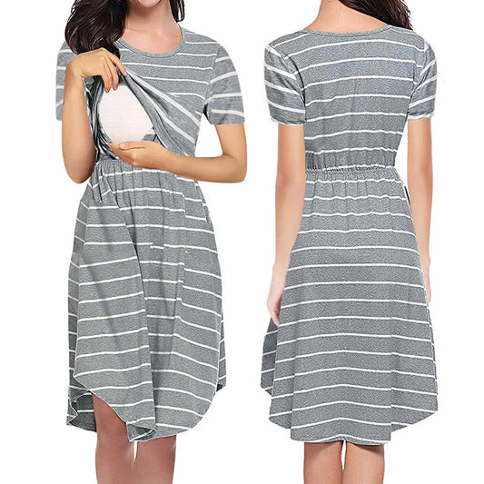 Striped Maternity Nursing Dress – Summer Breastfeeding Pajama Dress