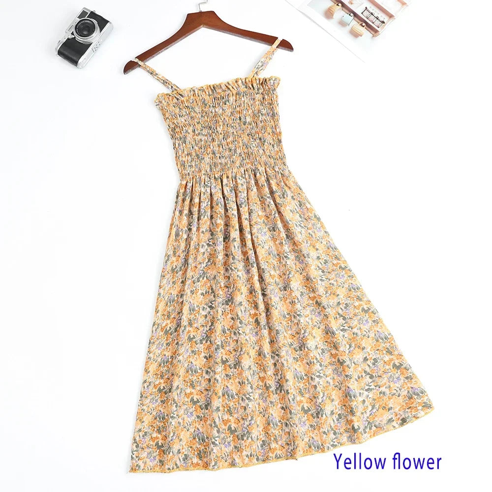 Women's Summer Chiffon Spaghetti Strap Mini Dress – Sleeveless, Elastic Waist, Casual Vestidos