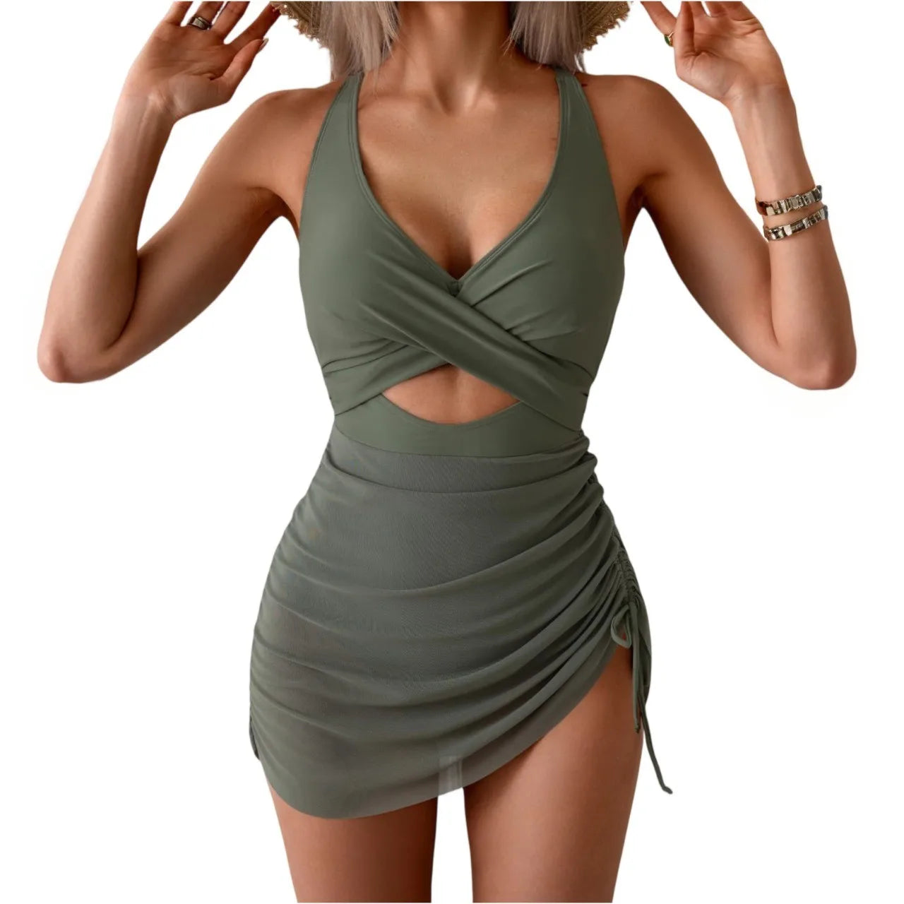 Women's Sexy One-Piece Swimsuit – Deep V, Mesh Splice, Side Drawstring, Suspender Style Beachwear