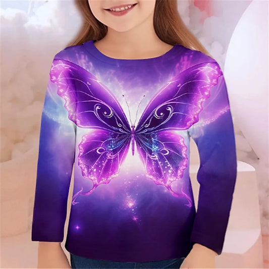 Girls' 3D Butterfly Print Long-Sleeve T-Shirt – Casual Spring/Fall Kids' Top