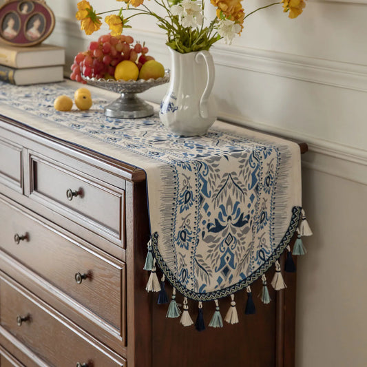 Vintage Linen Table Runner – Boho Luxury Tassel Decor, Extra Long Farmhouse Dining & Tea Ceremony Table Flag