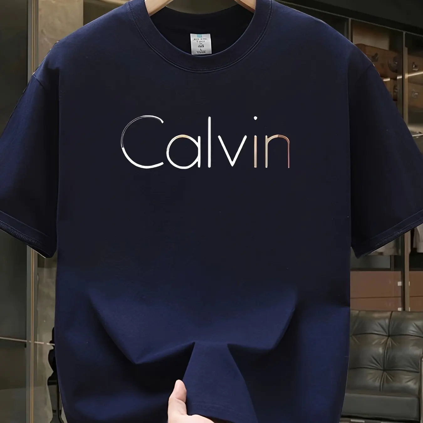 Men's Summer 100% Cotton Loose-Fit Calvin Print Casual Sports Tee, Round Neck, Short Sleeve.