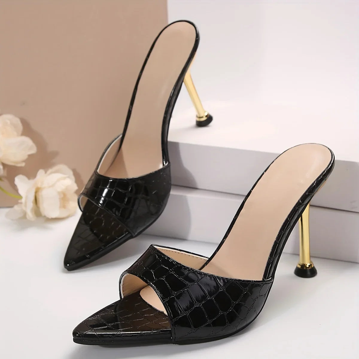 Glam Crocodile-Texture Stiletto Sandals – Chic Slip-On High Heels with Pointed Peep Toe for Parties & Banquets