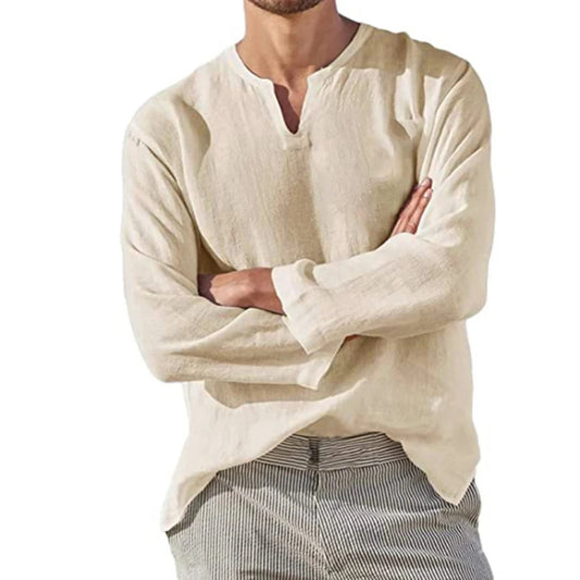 2025 Men's Cotton Linen V-Neck Shirt — Breathable, Solid Color, Casual Long Sleeve Blouse
