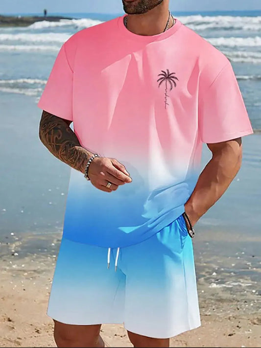 Men's 3D Palm Print Hawaiian Set – Summer Casual T-Shirt & Beach Shorts for Everyday, Vacation, Outdoor Wear