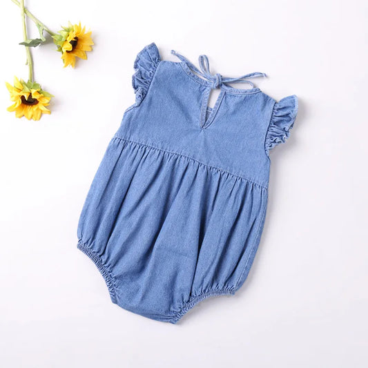 Baby Girls Romper — Sleeveless Ruffle Denim Bodysuit, Summer Sunsuit Outfit