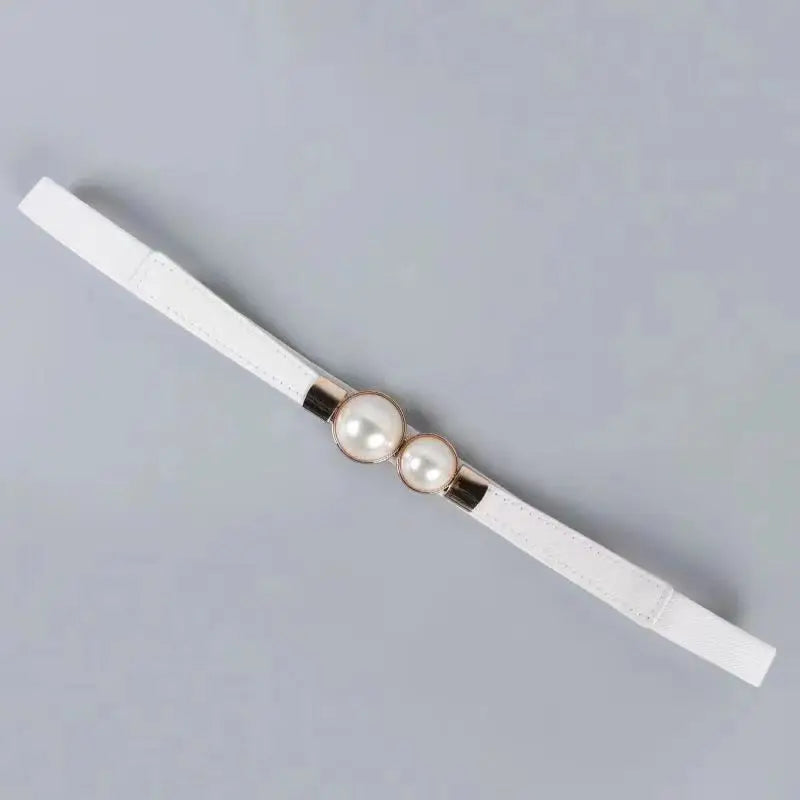 Elegant Double Pearl Buckle Elastic Belt – Thin Strap Waistband for Dresses & Skirts