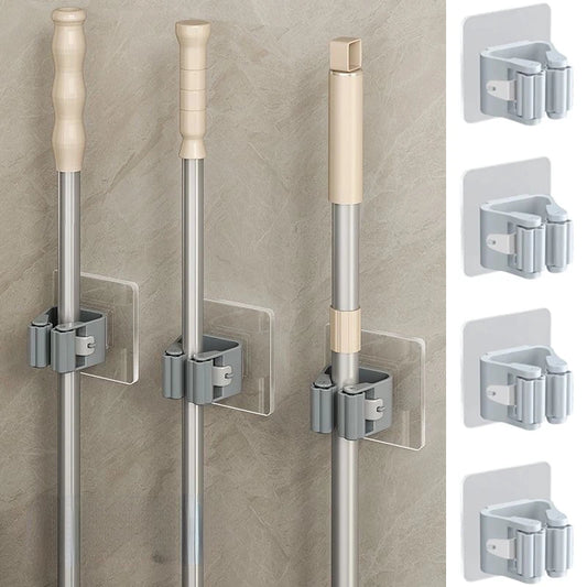 Wall-Mounted Mop & Broom Holder – Storage rack with hooks.