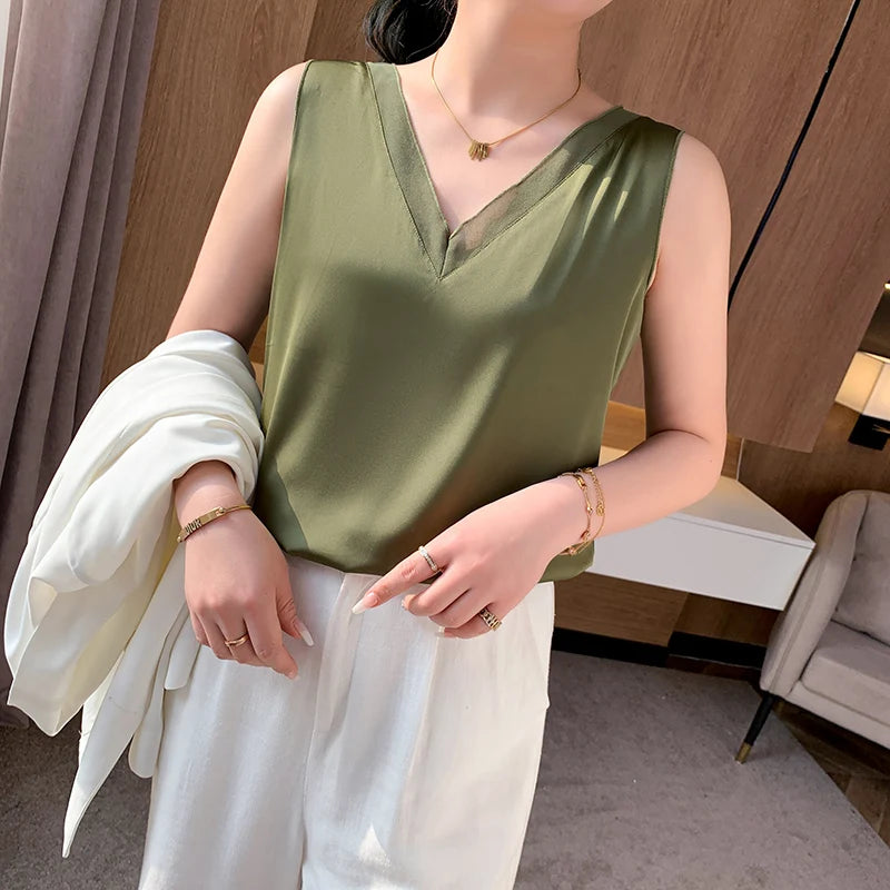 Silk Satin V-Neck Tank Top – Women's Sleeveless Mesh Strap Cami