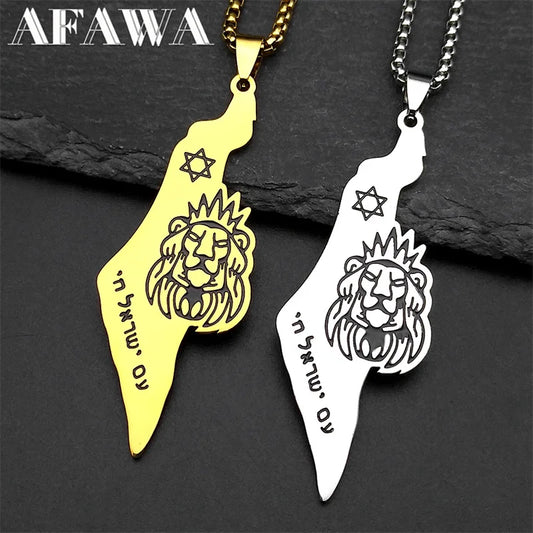 Israel Map Lion of Judah Star of David Pendant Necklace – Gold Stainless Steel.