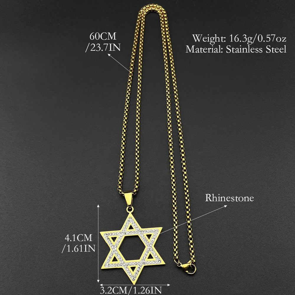Israel Hexagram Star of David Pendant Necklace – Stainless Steel with Rhinestones, Unisex
