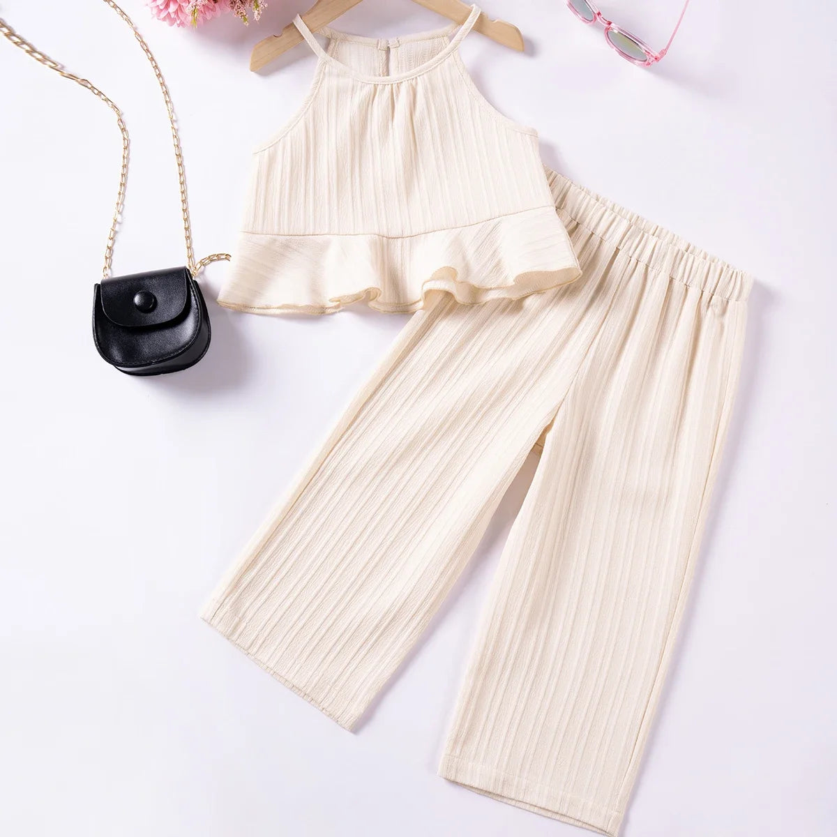 Girls’ Summer Halter Top & Wide-Leg Pants Set – Beach Vacation Outfit