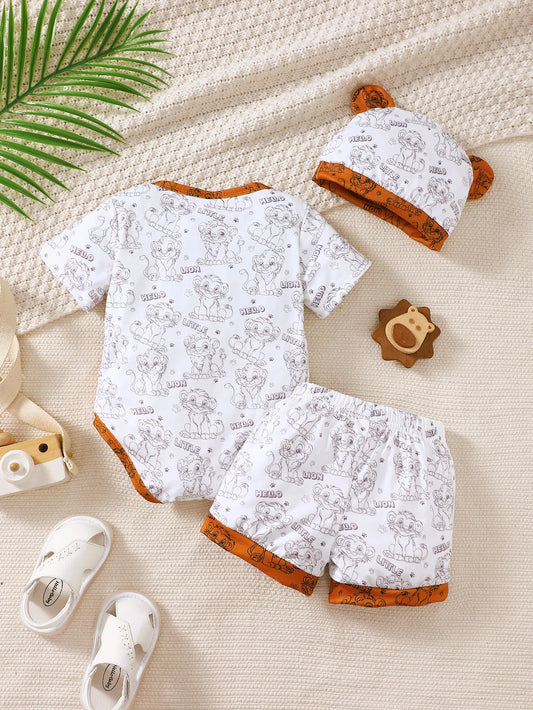Cartoon Lion Print Top, Pants & Hat. Stylish Summer Outfit for Newborns.