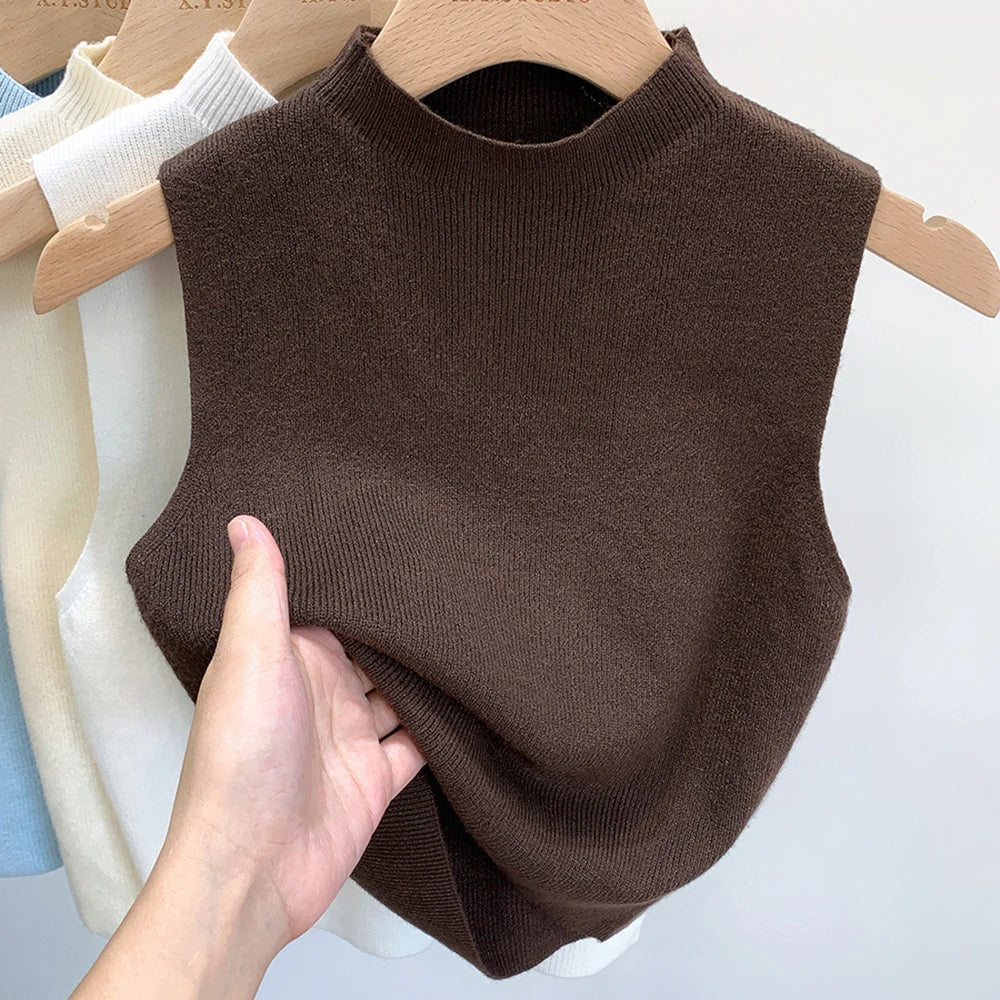 Women’s Knitted Sleeveless Tank Top – Solid Color, Cropped, Half-Turtleneck
