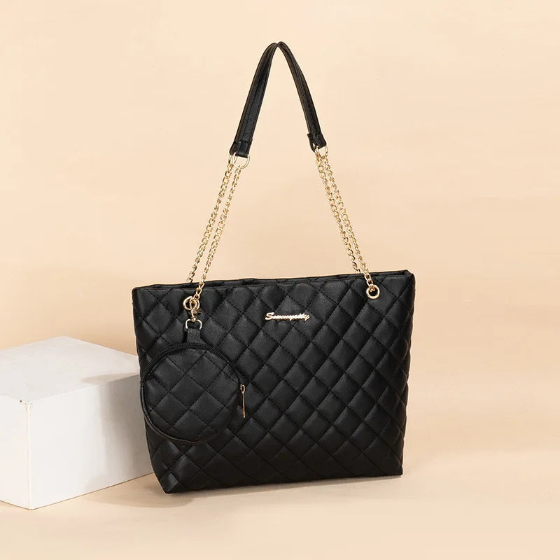 Rhombic Mini Tote – Embroidered, Chain Strap, Letter Detail, Stylish & Minimalist