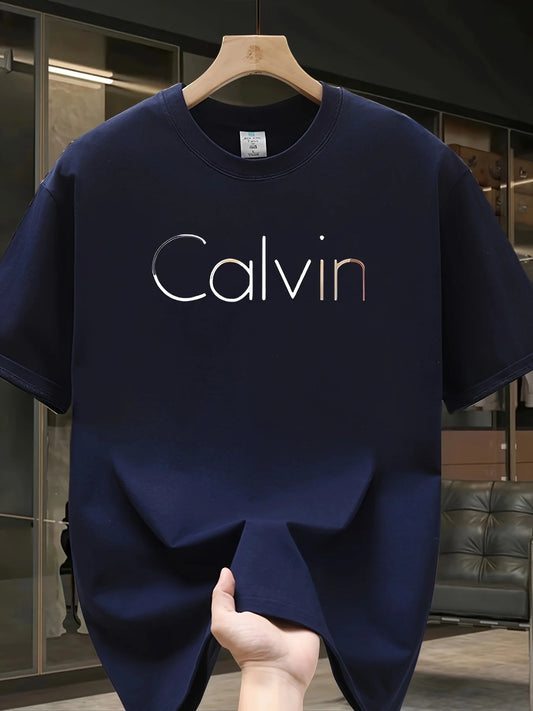 Men's Summer 100% Cotton Loose-Fit Calvin Print Casual Sports Tee, Round Neck, Short Sleeve.