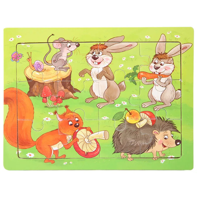 12-Piece Wooden Animal Jigsaw Puzzle – Montessori Educational Toy for Baby or Kids