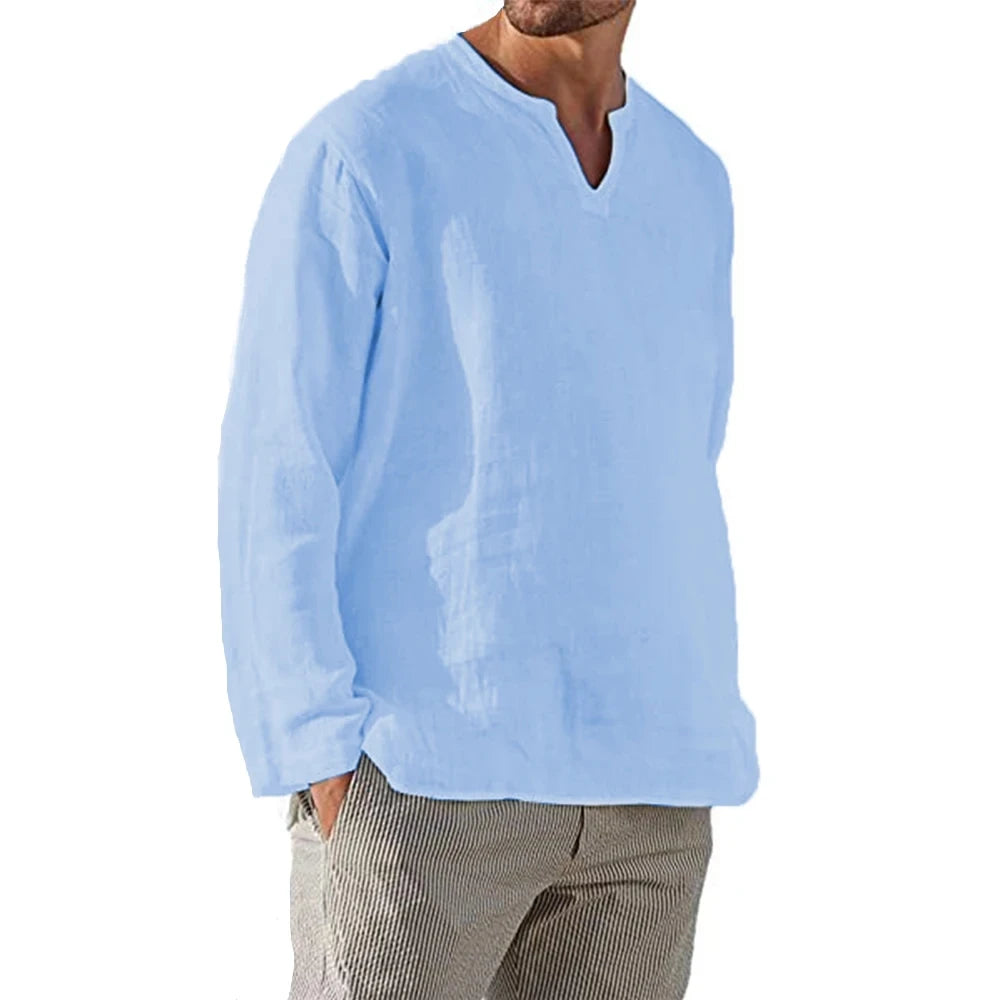2025 Men's Cotton Linen V-Neck Shirt — Breathable, Solid Color, Casual Long Sleeve Blouse