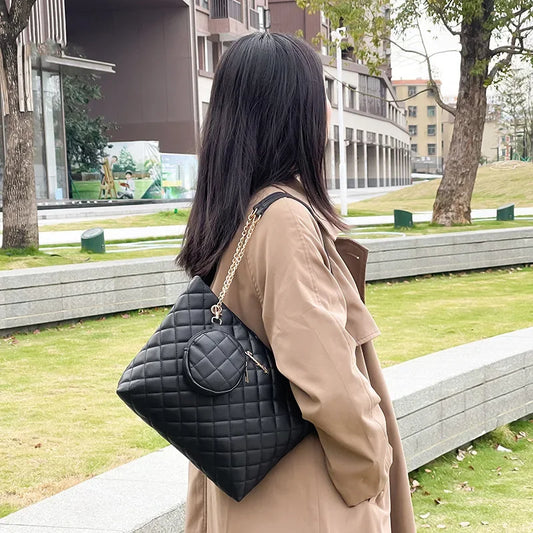 Rhombic Mini Tote – Embroidered, Chain Strap, Letter Detail, Stylish & Minimalist